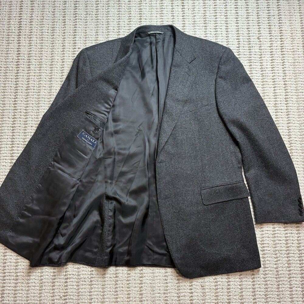 Canali Men's Grey Herringbone Wool Sport Coat Blazer 54R Jacket Made in Italy